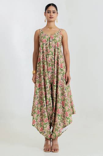 Regal Green printed cotton rayon jumpsuit