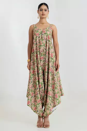 Regal Green printed cotton rayon jumpsuit