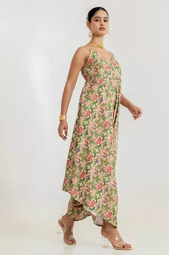 green floral printed cotton rayon jumpsuit