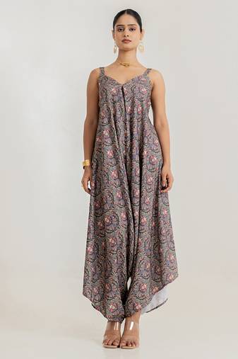  Grey printed cotton rayon jumpsuit