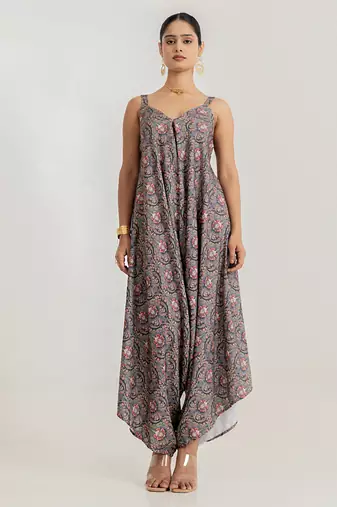 slate grey floral printed cotton rayon jumpsuit