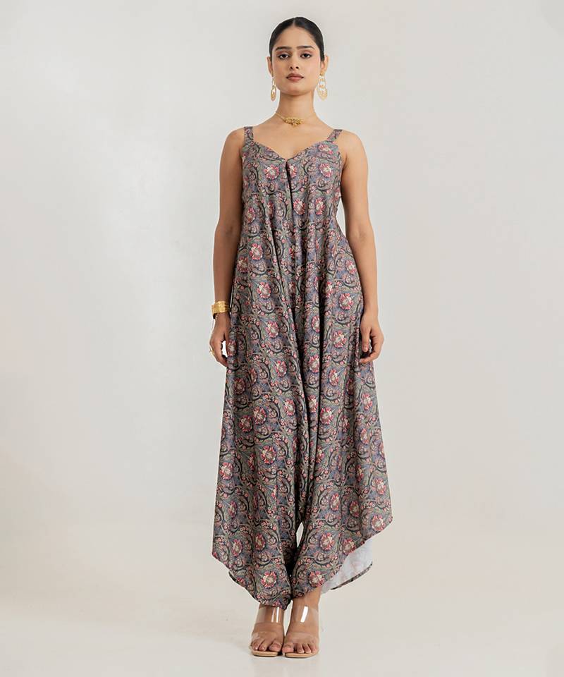  Grey printed cotton rayon jumpsuit