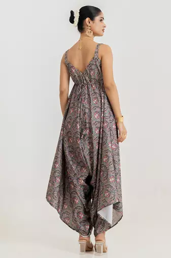 slate grey floral printed cotton rayon jumpsuit