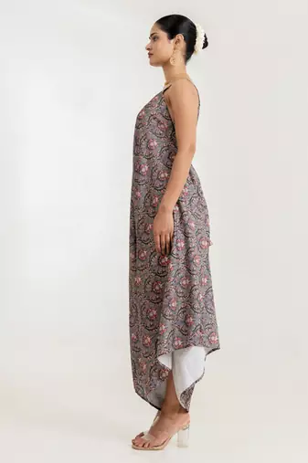 slate grey floral printed cotton rayon jumpsuit