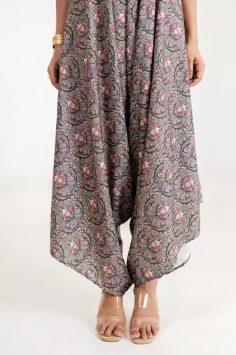 slate grey floral printed cotton rayon jumpsuit