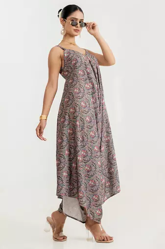 slate grey floral printed cotton rayon jumpsuit