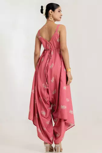 pink floral printed cotton rayon jumpsuit