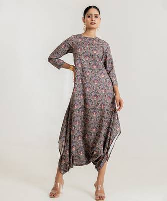 slate grey color floral printed cotton rayon jumpsuit 1