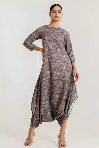 slate grey color floral printed cotton rayon jumpsuit