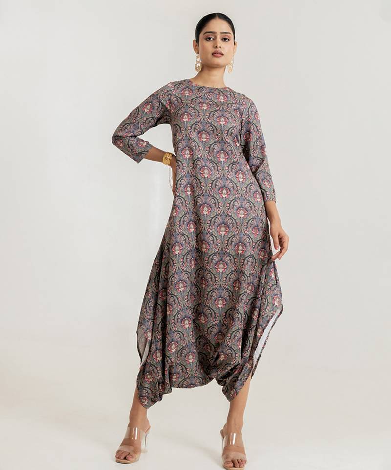  Grey printed cotton rayon jumpsuit