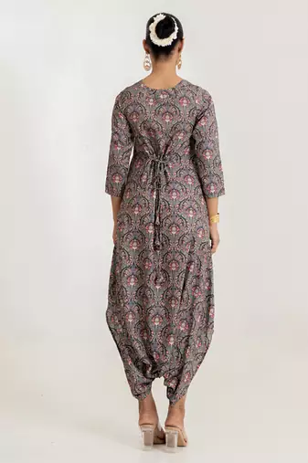 slate grey color floral printed cotton rayon jumpsuit