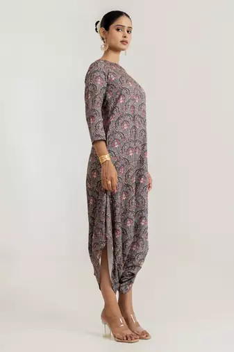slate grey color floral printed cotton rayon jumpsuit