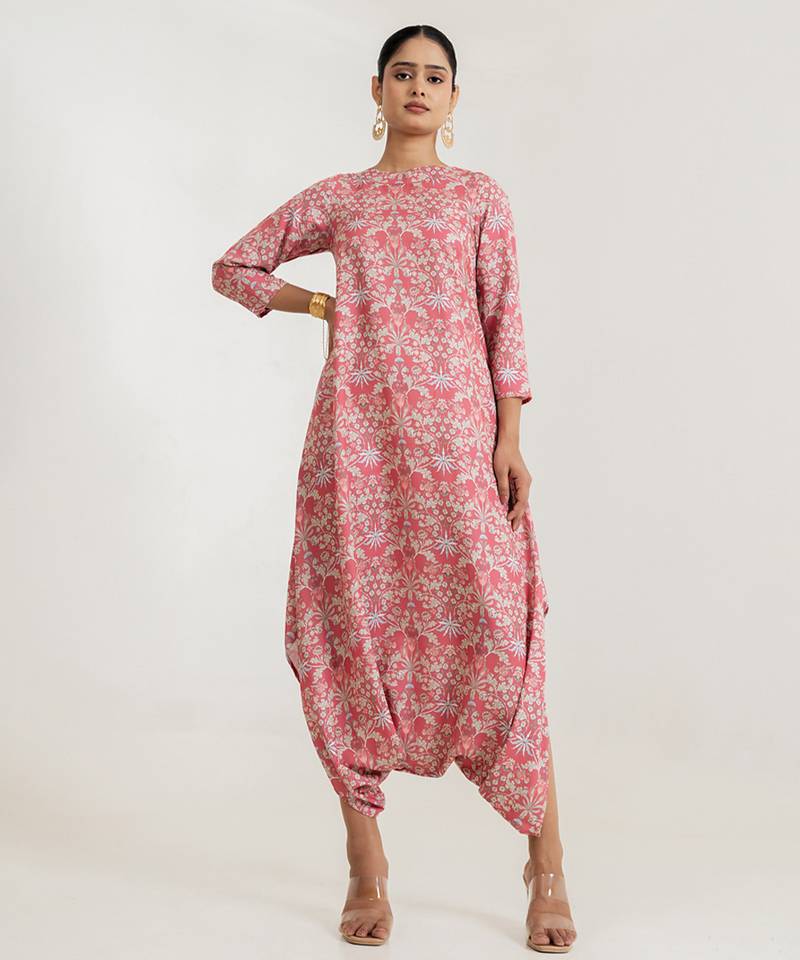 Pink printed cotton rayon jumpsuit