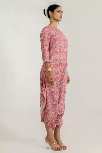 pink cotton rayon jumpsuit with floral print