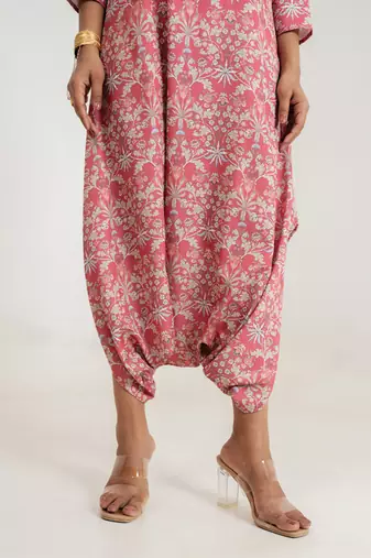pink cotton rayon jumpsuit with floral print