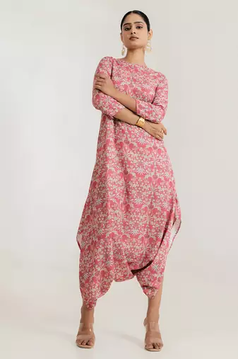 pink cotton rayon jumpsuit with floral print