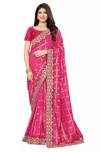 Pink bandhani printed vichitra silk saree with embroidered border