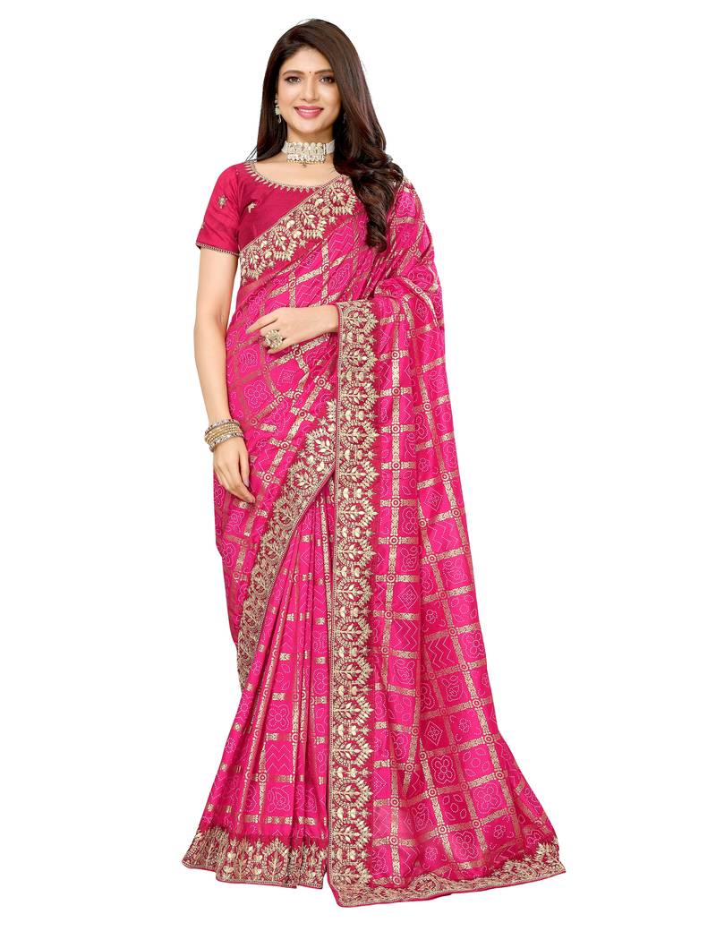Pink bandhani printed vichitra silk saree with embroidered border
