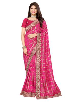pink vichitra silk saree with bandhani print 2