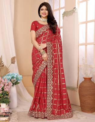 red vichitra silk saree with bandhani print 1