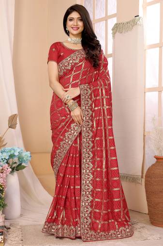 Red bandhani printed vichitra silk saree with embroidered border