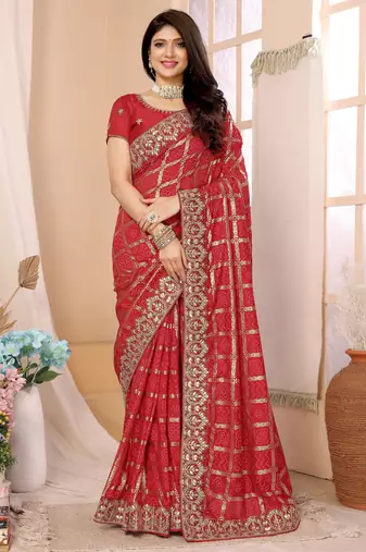 Red bandhani printed vichitra silk saree with embroidered border