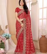 red vichitra silk saree with bandhani print