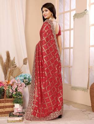 red vichitra silk saree with bandhani print 3