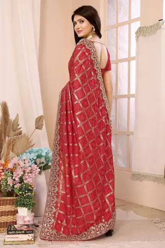 red vichitra silk saree with bandhani print