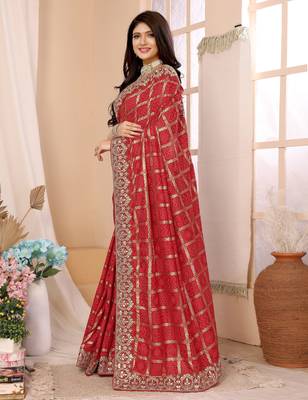 red vichitra silk saree with bandhani print 4