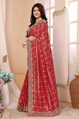 red vichitra silk saree with bandhani print