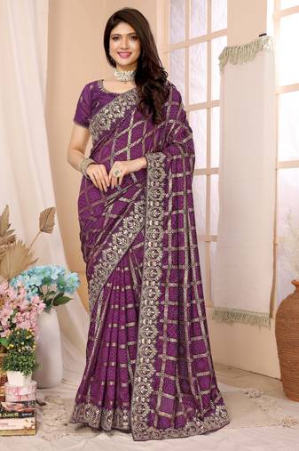 Wine bandhani printed vichitra silk saree with embroidered border
