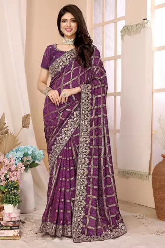 Wine bandhani printed vichitra silk saree with embroidered border