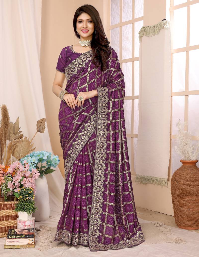 Wine bandhani printed vichitra silk saree with embroidered border