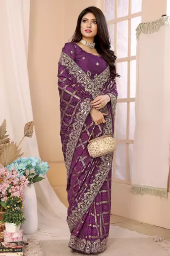 wine vichitra silk saree with bandhani print