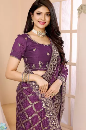 wine vichitra silk saree with bandhani print
