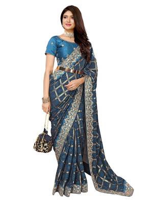 blue vichitra silk saree with bandhani print 1