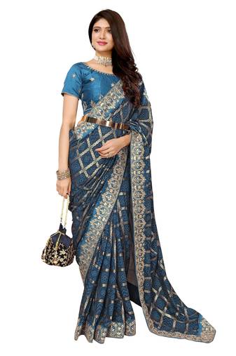 Blue bandhani printed vichitra silk saree with embroidered border