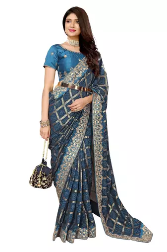 Blue bandhani printed vichitra silk saree with embroidered border
