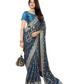 blue vichitra silk saree with bandhani print