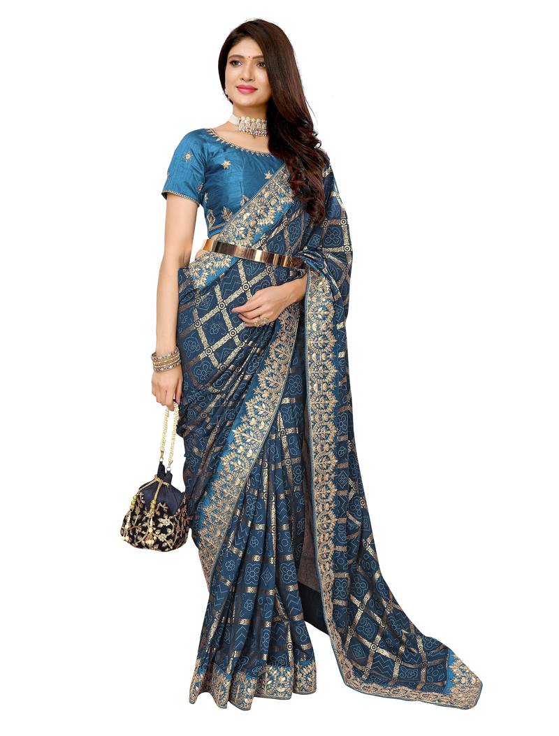 Blue bandhani printed vichitra silk saree with embroidered border