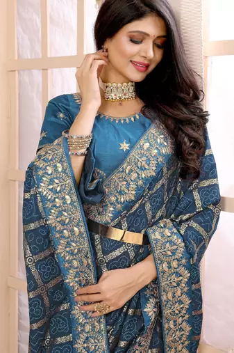 blue vichitra silk saree with bandhani print