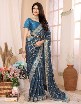 blue vichitra silk saree with bandhani print 4