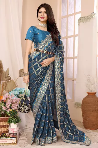 blue vichitra silk saree with bandhani print