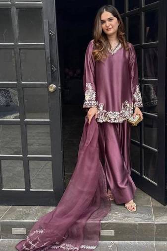 Wine embroidery crep silk full stitched farshi salwar