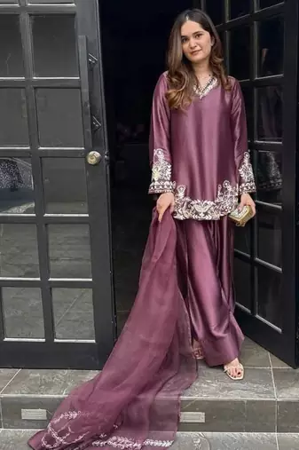 Wine embroidery crep silk full stitched farshi salwar