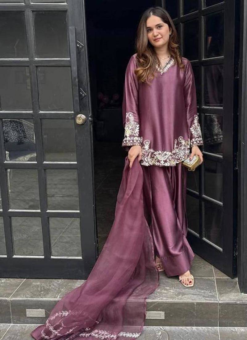 Wine embroidery crep silk full stitched farshi salwar