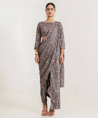 grey satin saree with floral printed work 1
