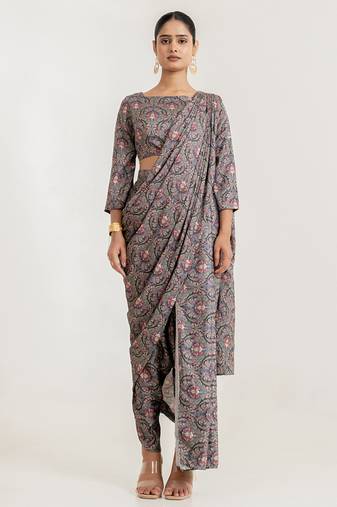  Grey printed swiss satin saree set
