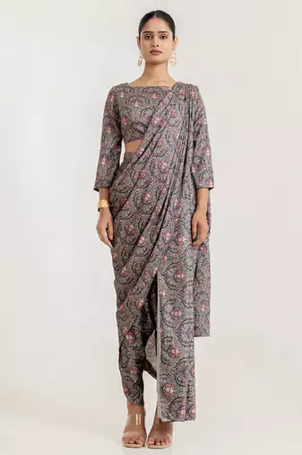  Grey printed swiss satin saree set